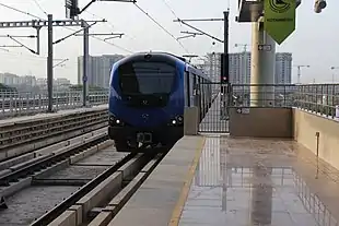 An Alstom Metropolis Train arriving at the Koyambedu Metro Station in July 2015.