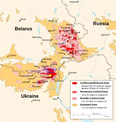 Eastern part of the Narodychi district was heavily polluted due to Chernobyl nuclear accident - Map of radiation levels in 1996 (Cs-137 component)