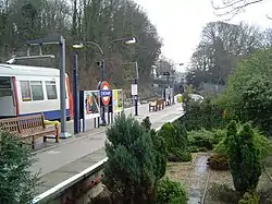 A grey railway platform with a series of light poles surrounded by brown trees, green bushes, and yellow and white flowers all under a white sky