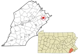 Location of Paoli in Chester County (top) and of Chester County in Pennsylvania (below)