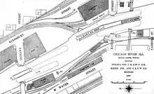 Black and white drawing showing a plan of the Chicago River and bridges