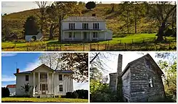 National Register of Historic Places located near Childress, Virginia. Top: Bowyer-Trollinger Farm; Bottom L-R: Thomas Hall House and Cromer House.