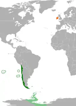 Map indicating locations of Chile and Ireland