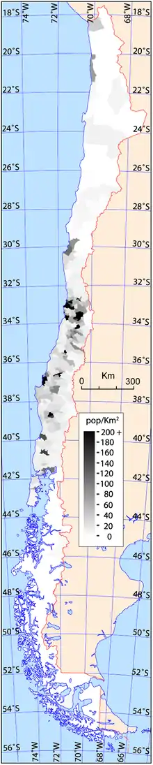 Chile. Population density by commune, based on 2002 census (2009)