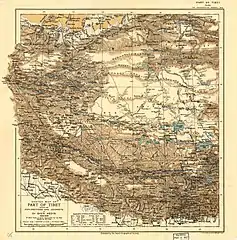 Map of the expeditions of Sven Hedin (1906-8) including Rutog (labeled as Rudok) (RGS, early 20th century)