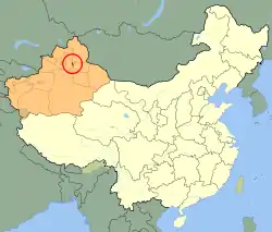 Wujiaqu (red) in Xinjiang (orange)