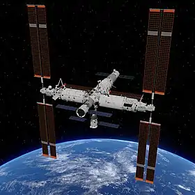 Rendering of the Tiangong space station, its construction complete with the addition of the Wentian and Mengtian modules