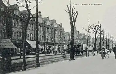 Chiswick High Road (to the junction with Goldhawk Road) and King Street, Hammersmith, late 19th century. The buildings on the left have survived.