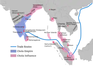 Map showing the greatest extent of the Chola empire c. 1030 under Rajendra I: territories are shown in blue, subordinates and areas of influence are shown in pink.