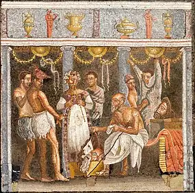 Mosaic depicting a cast of tragic actors