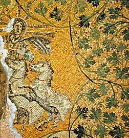 A representation of Jesus riding in his chariot. Mosaic of the 3rd century on the Vatican grottoes under St. Peter's Basilica.