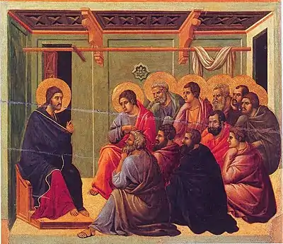 Image 18Jesus' Farewell Discourse to his eleven remaining disciples after the Last Supper, from the Maestà by Duccio (from Jesus in Christianity)