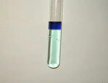 chromium(VI) oxide peroxide stabilized in ether phase (above) and chromium(III) aqueous solution (below).