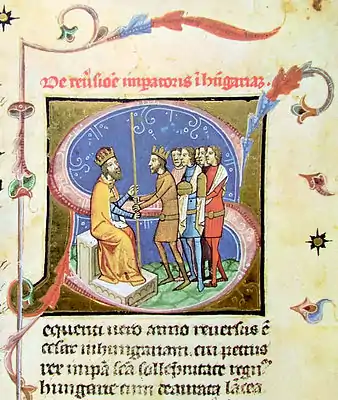 Chronicon Pictum, Hungarian, Hungary, King Peter, Holy Roman Emperor Heny III, German king, vassal, overlord, spear, medieval, chronicle, book, illumination, illustration, history