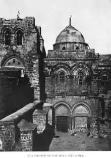 Church of the Holy Sepulchre in 1885. The immovable ladder is visible below the upper-right window. (A different ladder leans against the dome.)