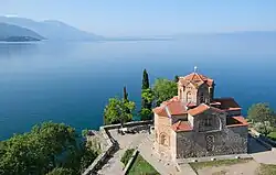 Church of St John at Kaneo on hill with Lake Ohrid beneath it