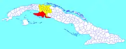 Ciénaga de Zapata  municipality (red) within Matanzas Province (yellow) and Cuba