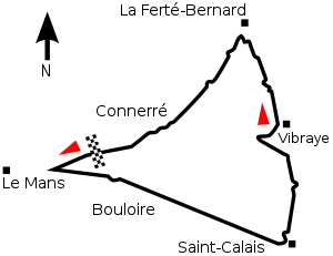 A roughly triangular track, with Le Mans at the western corner, La Ferté-Bernard at the north-east corner and Saint-Calais at the south-east corner. The track begins on the north-west side, and travels anti-clockwise.