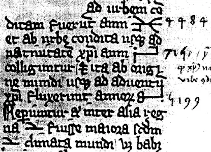 A fourteenth-century Norman manuscript that used only Cistercian numerals. These were horizontal to fit the flow of the text. Note the round form of the digit 9. Numbers were later retranscribed with Hindu-Arabic digits in the margin notes: here we see 4,484, 715 and 5,199.