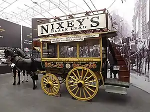 Image 28An historical Brixton to Clapham horse-drawn bus on display at the London Bus Museum. (from Double-decker bus)