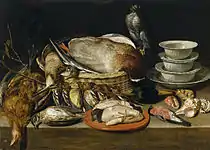 1611, from the Prado set. Arguably the first still-life of dead game birds.