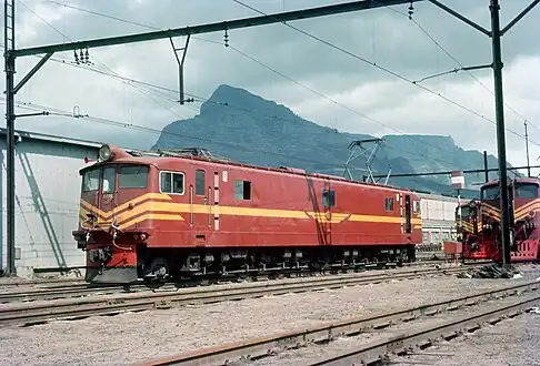 No. E238 in Gulf Red and yellow whiskers livery at Salt River Depot in Cape Town, 11 April 1970