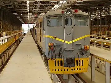 No. E496 in a MetroRail shop livery at the Salt River MetroRail Depot, Cape Town, 6 November 2014.