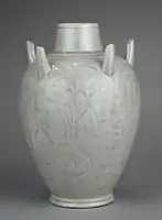 Yue ware vase with incised decoration, c. 900, "green-glazed porcelaneous stoneware"