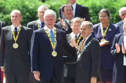 Bill Clinton, recipient in 2000, along with earlier recipients King Juan Carlos I of Spain, Václav Havel and Simone Veil