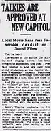 Clipping positively reviewing the exhibition of the first talkies in Edmonton. The first theatre to play a talkie in Edmonton was the Capitol.