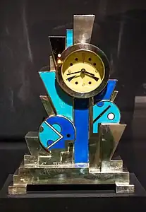 Constructivist influences - Clock, decorated with flat geometric shapes, by Jean Goulden, 1928, silvered bronze with enamel, Stephen E. Kelly Collection