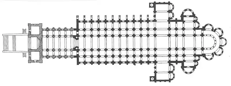 Plan of Cluny Abbey, with portal and pre-nave and two towers, on the west, two transepts with towers, and an apse with radiating chapels on the east.