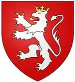 A red shield with a white lion rampant