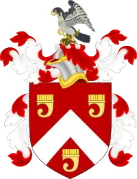 Coat of arms of American president Chester A. Arthur, based on the Arthur arms of England: Gules a chevron argent between three clarions or.