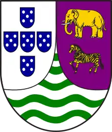 Angola(1935–1975)Purple with a golden elephant above a golden zebra.