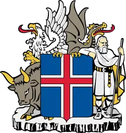 A compartment of columnar basalt in the Icelandic coat of arms.