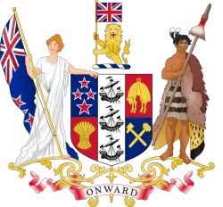 Zealandia on the left side of the coat of arms of New Zealand used from 1911 to 1956.