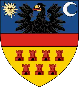 Blue, red and yellow shield with an eagle, the sun, moon and seven castle turrets