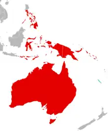 Map showing southeastern Asia, Australia, Melanesia, and New Zealand. Islands in the Philippines and the Sunda Islands are colored red, east to the Solomon Islands, as is Australia with Tasmania. New Caledonia is colored blue.