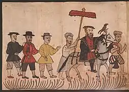 16th century Portuguese illustration from the Códice Casanatense, depicting a Portuguese nobleman with his retinue in Portuguese India