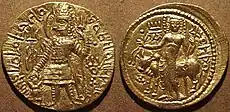 Gold dinar of Kushan king Kanishka II (200–220)