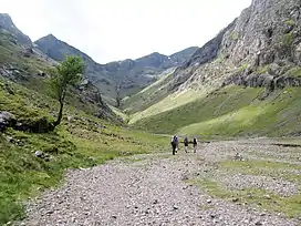 Coire Gabhail, the Lost Valley or Hidden Glen, leads up to the Bidean ridge: the peak of Stob Coire Sgreamhach is left of centre, with the slopes of Gearr Aonach to the right