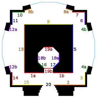 Coit Tower rotunda floor plan and murals, numbered 1 through 20