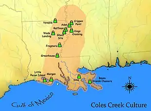 Image 36A map showing the extent of the Coles Creek cultural period and some important sites (from History of Louisiana)