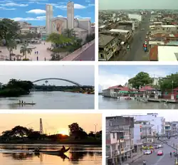 From top, left to right: Our Lady of Mercy Cathedral next to the Central Park May 24, view of the southwest of the city, Catarama River Bridge, October 9 Boardwalk, Babahoyo River and García Moreno Street.