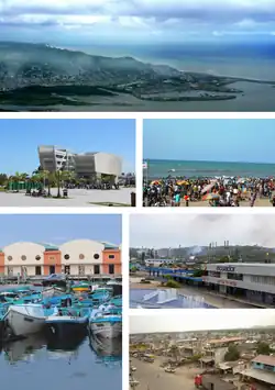 From top, left to right: View of the north of the city, Flopec building, Las Palmas beach, fishing port, Esmeraldas refinery and road to Atacames.