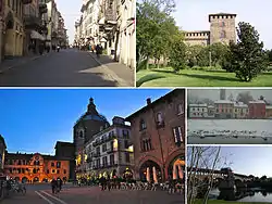 Clockwise from top: Corso Strada Nuova, main shopping area in Pavia; Veduta laterale del Castello Visconteo ("Visconti Castle"); river Ticino; Ponte Coperto and river Ticino; and a view of the city's Cathedral from the Piazza della Vittoria