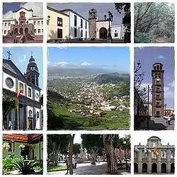 Clockwise from top: University of La Laguna, Shrine of Cristo de La Laguna, Forests, Cathedral of La Laguna, Panoramic city, Iglesia de la Concepción, Consejo Consultivo de Canarias, Plaza del Adelantado and city council.