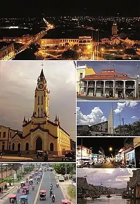 Clockwise from top: Iquitos cityscape at night; Iron House; minimalist architecture of the school auditorium St. Augustine; the commercial Jiron Prospero; Aquatic Avenue in the famous Belén District; Abelardo Quiñones Avenue and the vehicular traffic of motorcycle taxis; and Iquitos Cathedral.