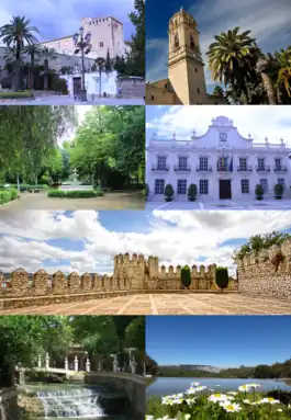 Top (clockwise from left): Panoramic view of Cabra Castle (Castillo del Cabra), Cabra Assumption Church, Second:Alcántara Romero Park (Parque del Alcántara Romero), Cabra City Hall, Third:A defensive wall in Cabra Castle, Bottom: Fuente del Río (source of the Cabra River), Sierras Subbéticas Natural Park (Parque Natural de las Sierras Subbéticas)